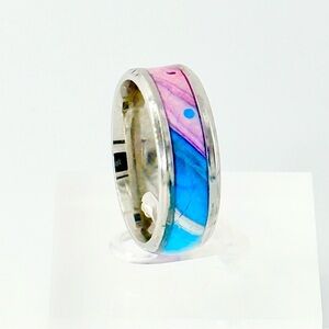 Silver Ring with Pink and Blue Inlay. Size 10 #24